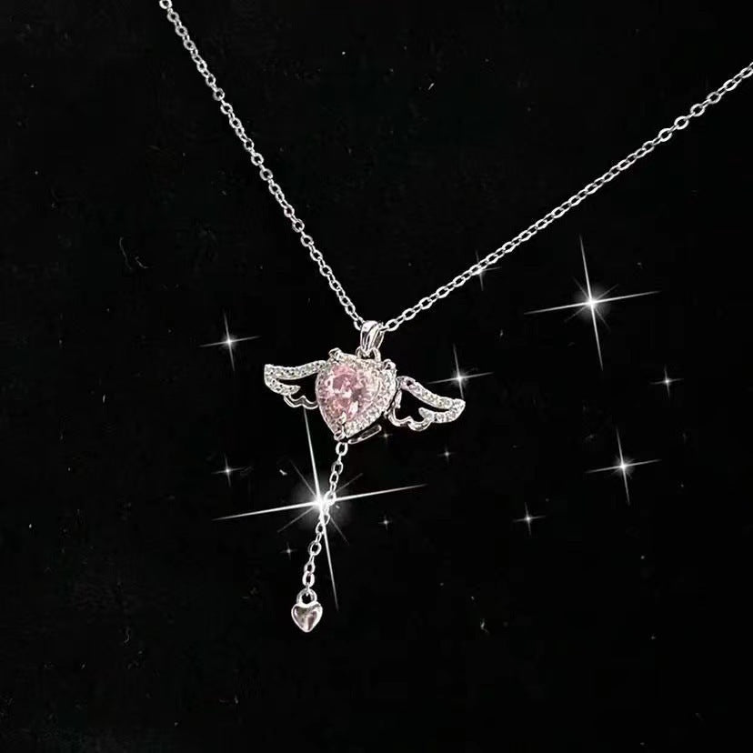 Moving Cupid Heart Angel Wings Tassel Necklace with Crystal Clavicle Chain Women Jewelry Gift Valentine'S Day