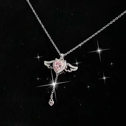 Moving Cupid Heart Angel Wings Tassel Necklace with Crystal Clavicle Chain Women Jewelry Gift Valentine'S Day