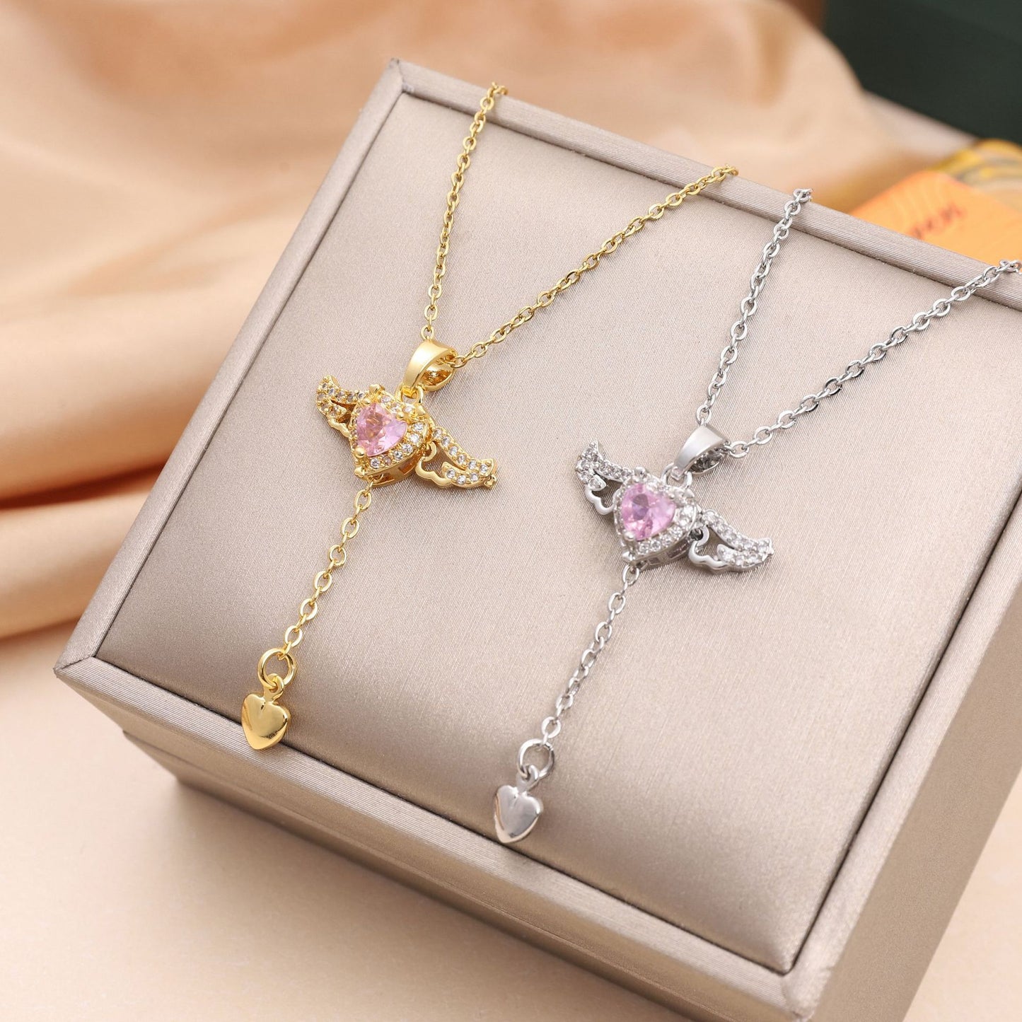 Moving Cupid Heart Angel Wings Tassel Necklace with Crystal Clavicle Chain Women Jewelry Gift Valentine'S Day