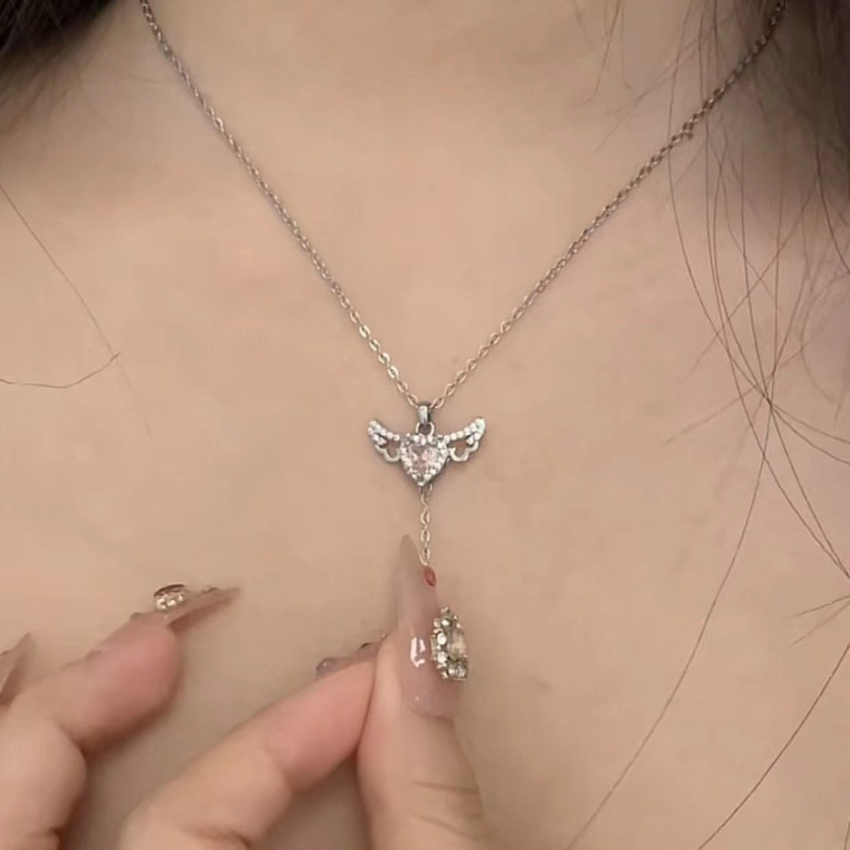 Moving Cupid Heart Angel Wings Tassel Necklace with Crystal Clavicle Chain Women Jewelry Gift Valentine'S Day