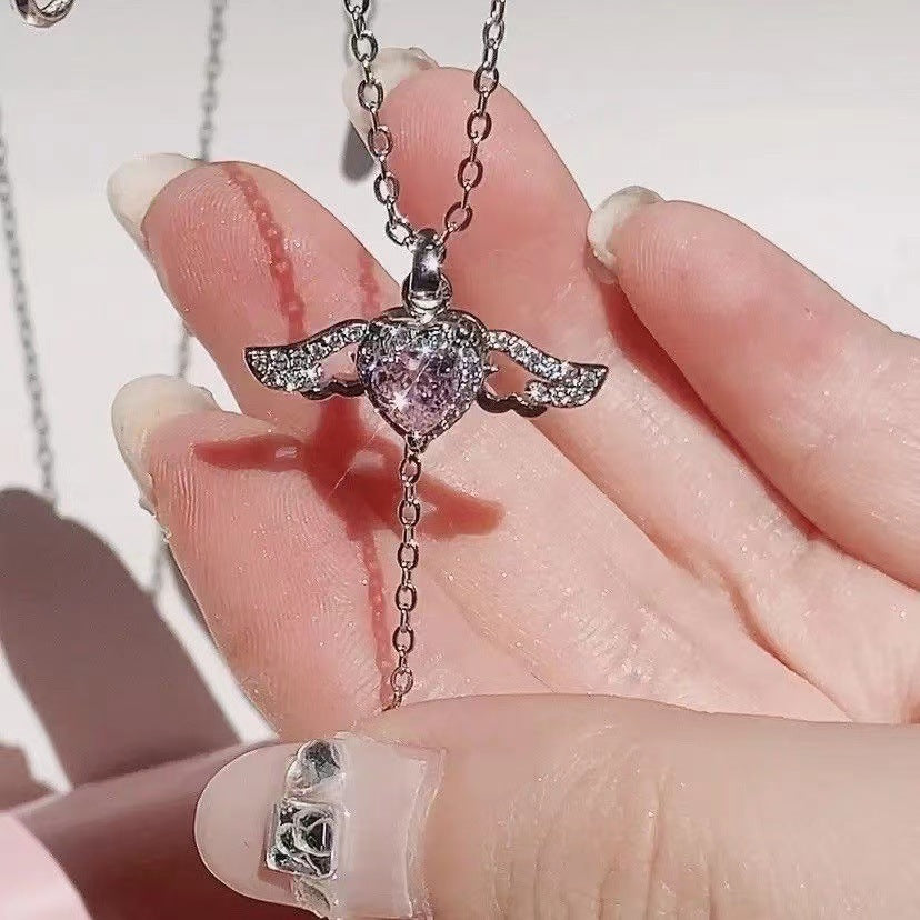 Moving Cupid Heart Angel Wings Tassel Necklace with Crystal Clavicle Chain Women Jewelry Gift Valentine'S Day