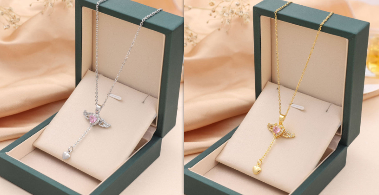 Moving Cupid Heart Angel Wings Tassel Necklace with Crystal Clavicle Chain Women Jewelry Gift Valentine'S Day