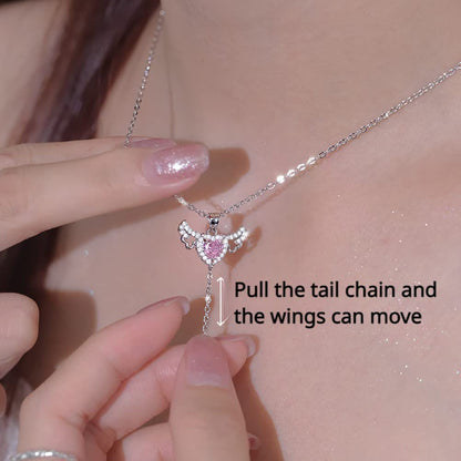 Moving Cupid Heart Angel Wings Tassel Necklace with Crystal Clavicle Chain Women Jewelry Gift Valentine'S Day