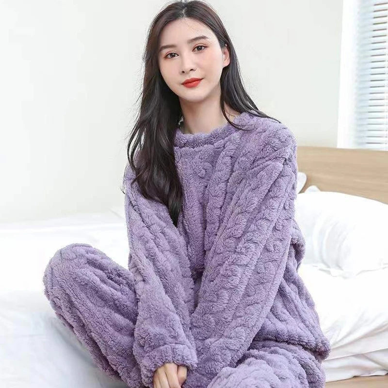 Autumn Women Solid Warm 2 Piece Sets Thicken Velvet Ribbed Fleece Set Pullover and Pants Women Casual Pajama Sets
