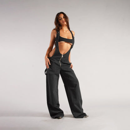 Y2K Zipper Denim Overalls with Pockets Fashion Loose Suspender Jumpsuit Streetwear Jeans Pants Womens Clothing
