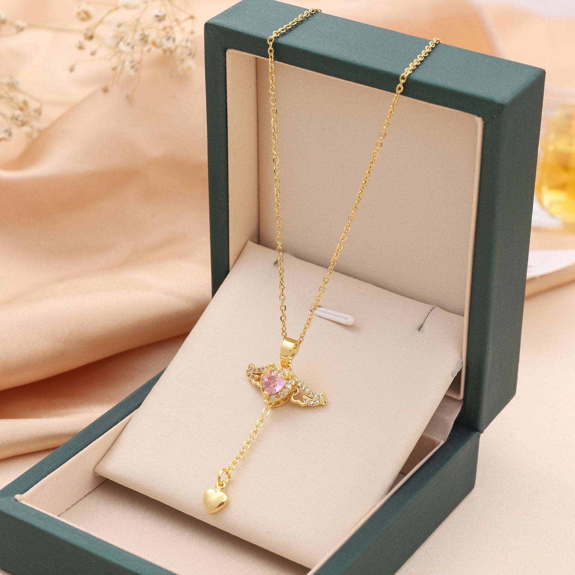 Moving Cupid Heart Angel Wings Tassel Necklace with Crystal Clavicle Chain Women Jewelry Gift Valentine'S Day