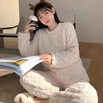 Autumn Women Solid Warm 2 Piece Sets Thicken Velvet Ribbed Fleece Set Pullover and Pants Women Casual Pajama Sets