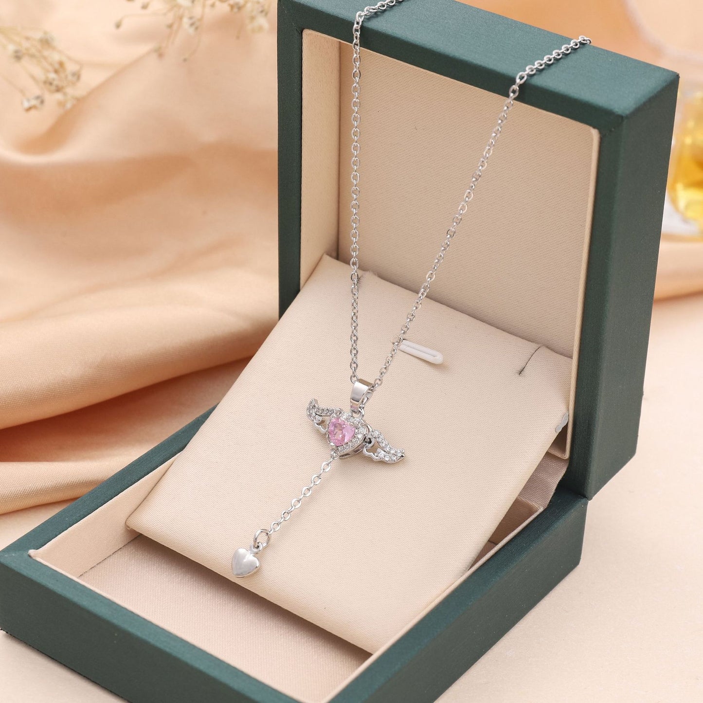 Moving Cupid Heart Angel Wings Tassel Necklace with Crystal Clavicle Chain Women Jewelry Gift Valentine'S Day
