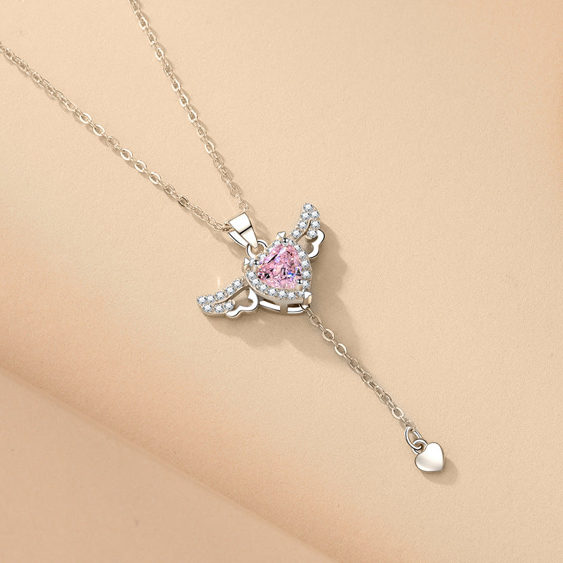 Moving Cupid Heart Angel Wings Tassel Necklace with Crystal Clavicle Chain Women Jewelry Gift Valentine'S Day
