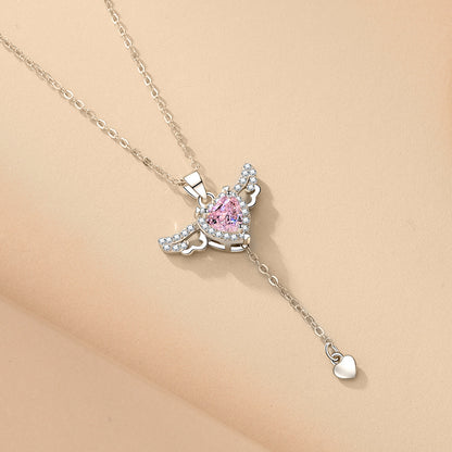 Moving Cupid Heart Angel Wings Tassel Necklace with Crystal Clavicle Chain Women Jewelry Gift Valentine'S Day
